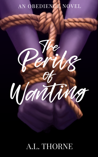 Book cover of two purple hands on a black background bound with golden rope in shibari-style knots. The title reads 'The Perils of Wanting'.